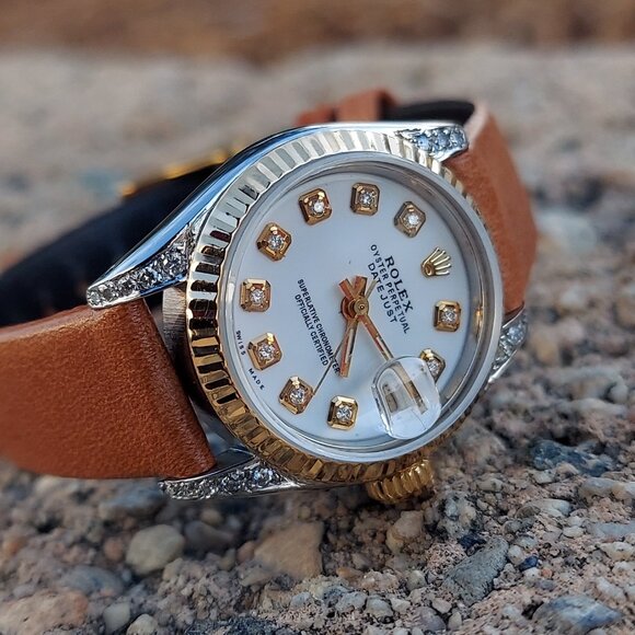 ?sale? Rolex Ladies 26mm Datejust 69173 white diamond on brown leather main image 4